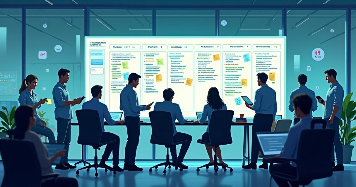 Squad de tecnologia reunida em frente a painel, discutindo integração de segurança no ciclo de desenvolvimento 