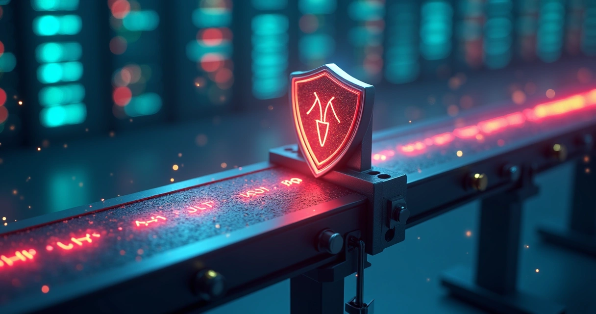 Digital illustration of a shield protecting code on a conveyor belt, DevSecOps concept 