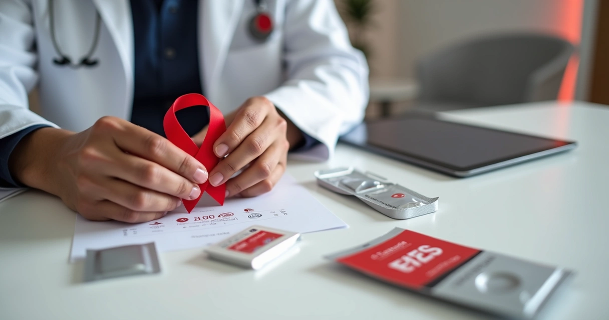 Profissional de saúde segura laço vermelho de prevenção em cenário moderno de bem-estar 