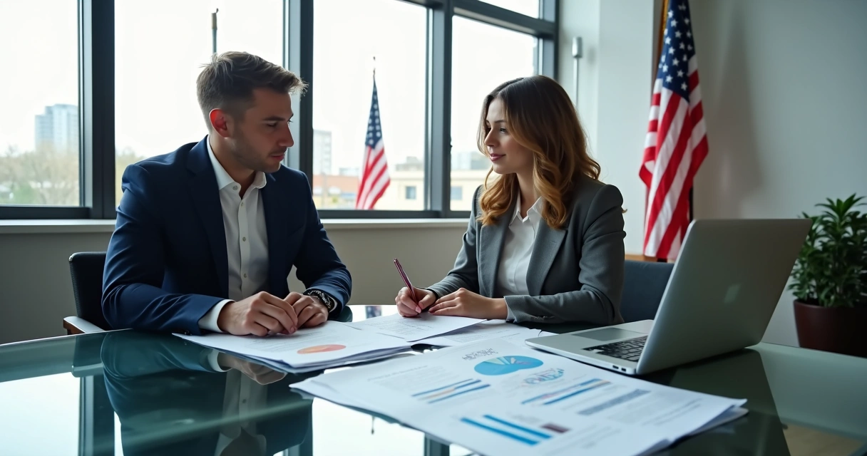 Immigration consultant and applicant reviewing documents 