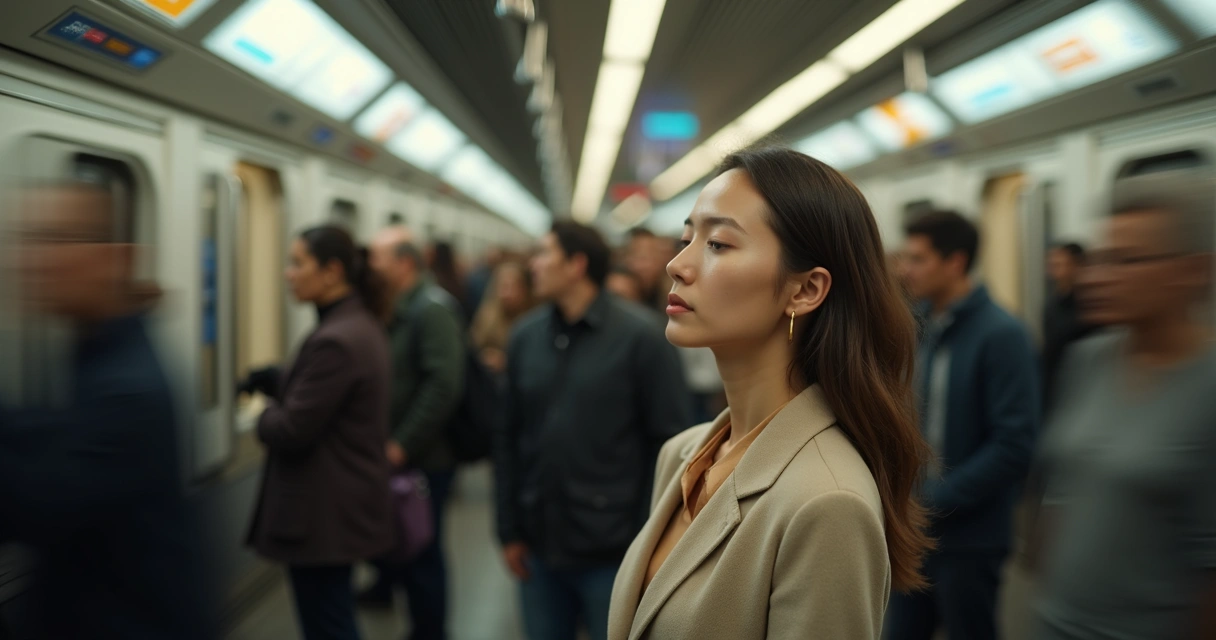 Pessoa em uma estação de metrô movimentada, com expressão serena em meio à multidão. 