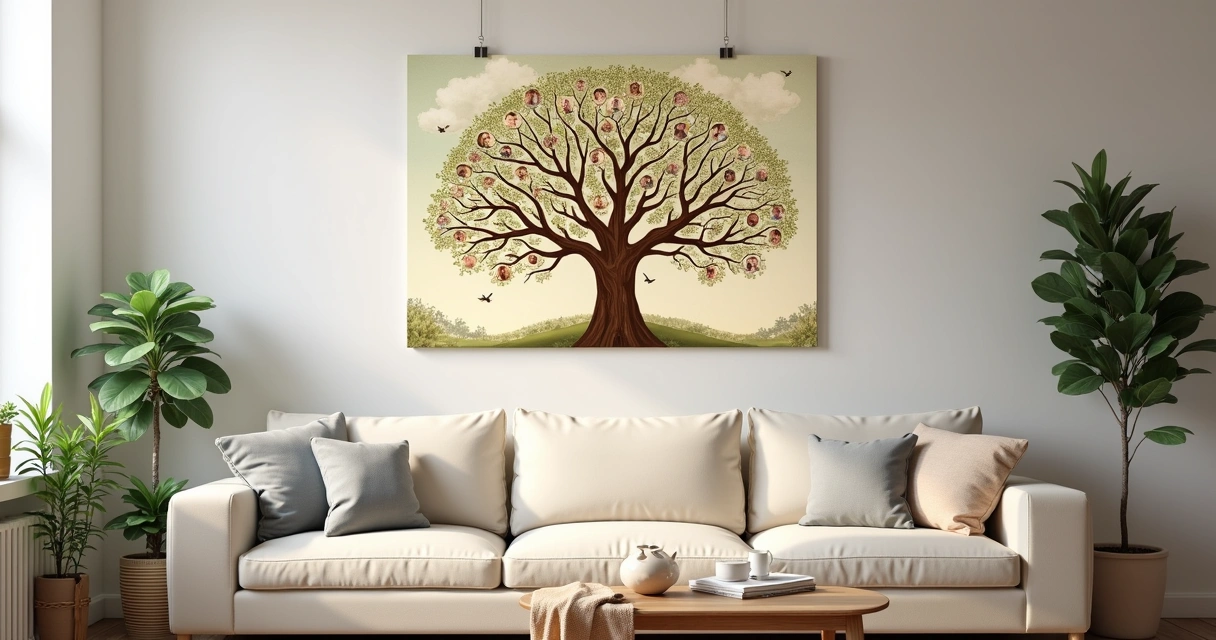 Quadro ilustrado de árvore genealógica em sala de estar 