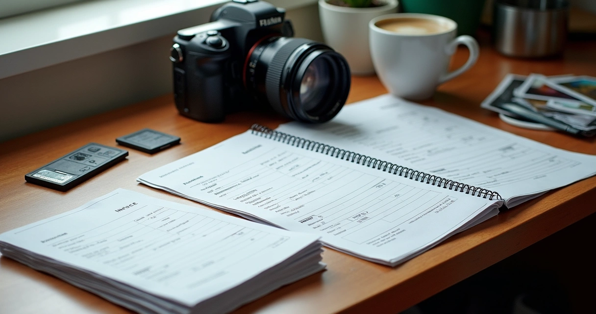 Mesa de fotógrafo freelancer com pilhas de documentos e câmera DSLR 