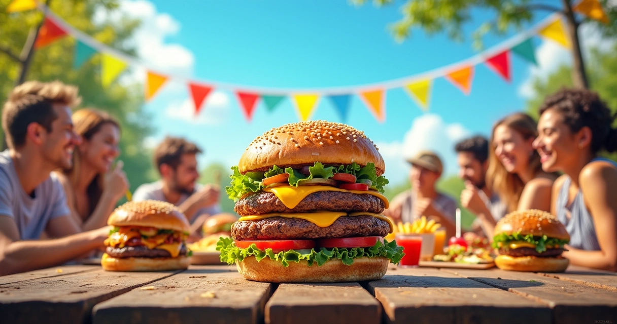 Celebration of World Hamburger Day with friends sharing burgers on a sunny day.