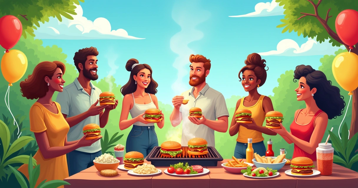 Grupo diverso de amigos celebrando o dia mundial do hambúrguer em um churrasco alegre ao ar livre.