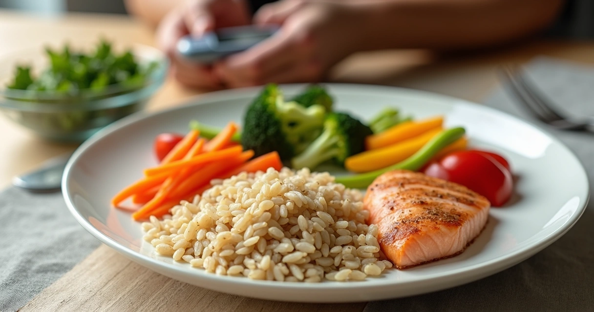 Balanced plate with rice, vegetables and protein for type 2 diabetes 