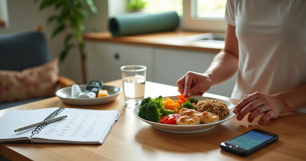 Middle-aged person planning diabetes-friendly meals at a bright kitchen counter 