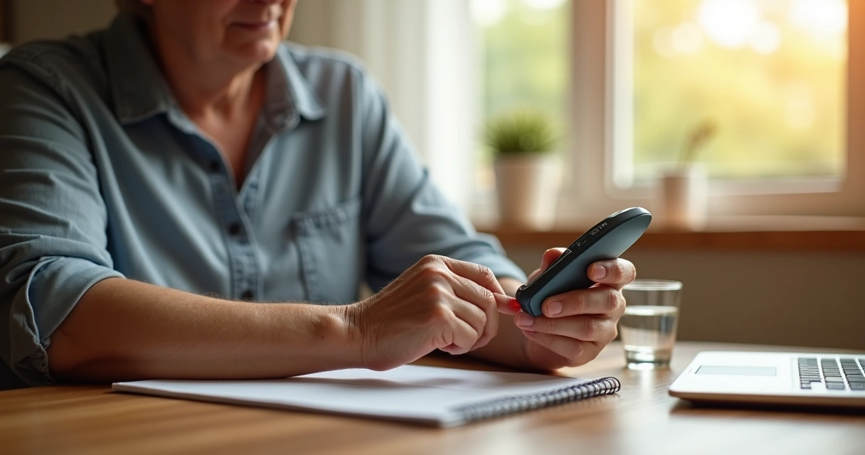 Pessoa diabética monitorando glicemia em casa 