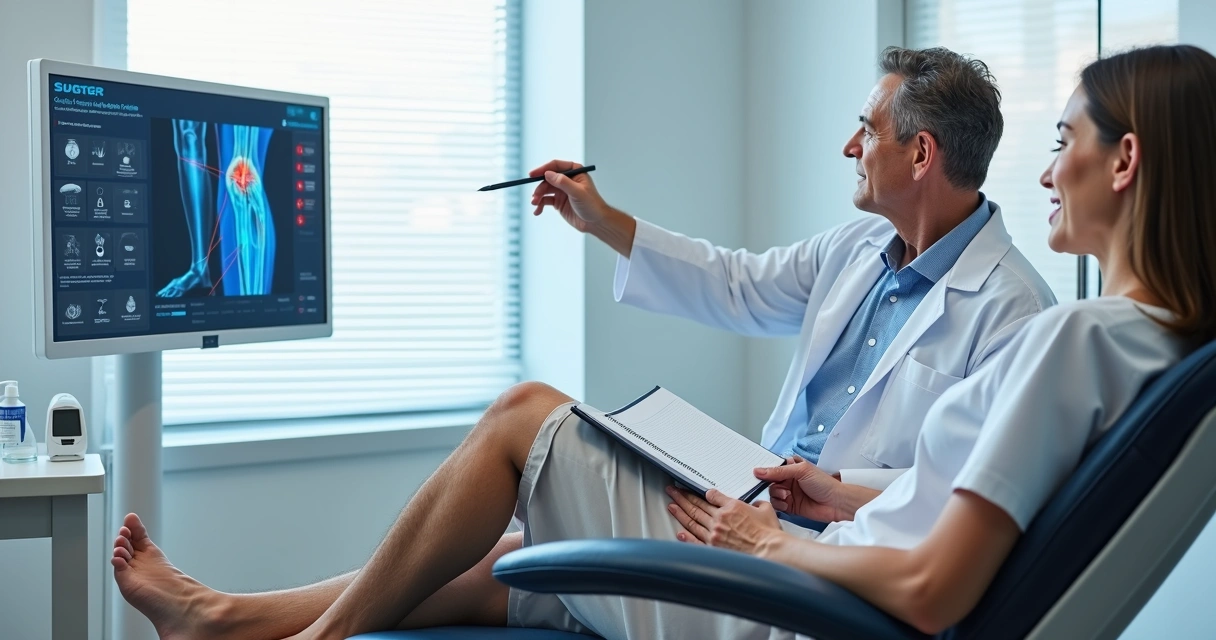 Pessoa com diabetes avaliando pernas com varizes em consulta vascular moderna 