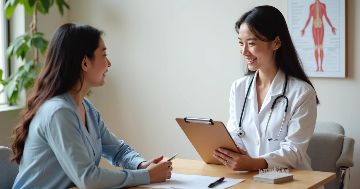 Profissional de acupuntura conversando com paciente, ficha e ambiente de clínica 