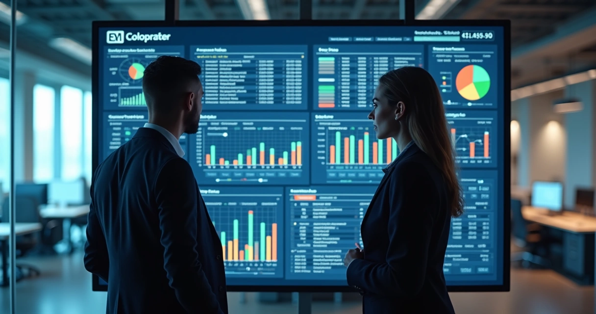 Profissionais analisando dados financeiros em painel digital 