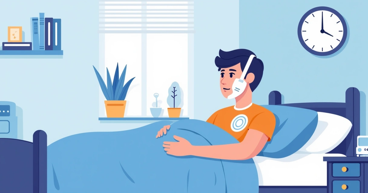 Paciente com kit domiciliar de polissonografia sentado na cama, preparando-se para dormir 