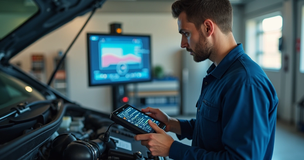 Técnico automotivo usando scanner em sistema de ar condicionado