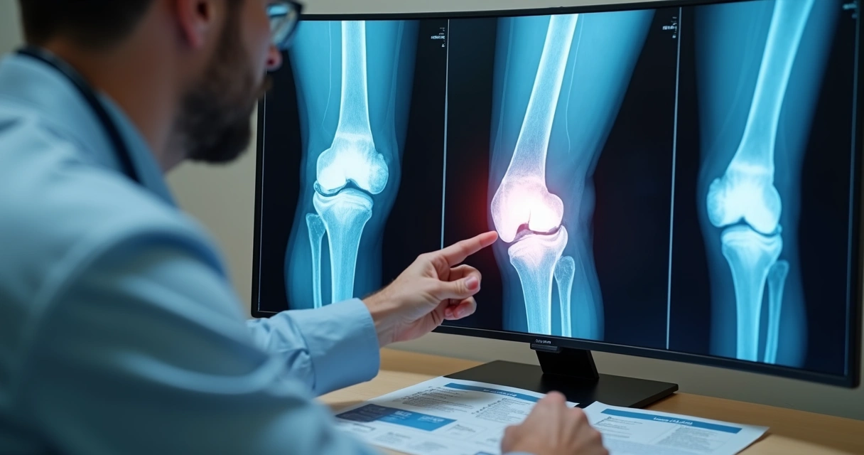 Médico analisando exame de raio-x de joelho com artrose 