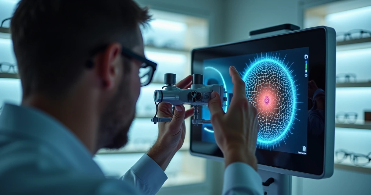 Oftalmologista realizando exame de diagnóstico do astigmatismo 