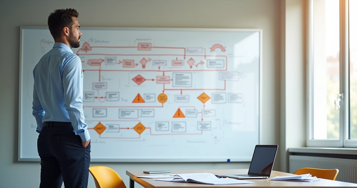 Empresário analisando quadro branco com fluxograma mostrando gargalos em processo de automação 