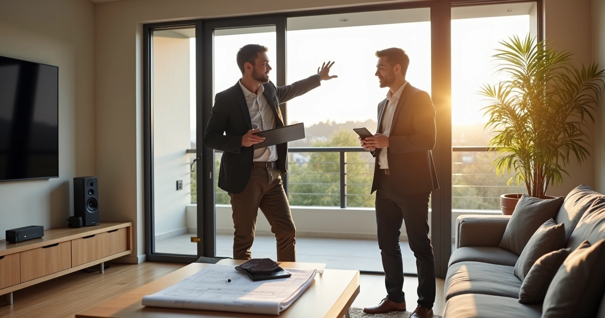 Profissional avaliando projeto de automação residencial em um ambiente moderno 