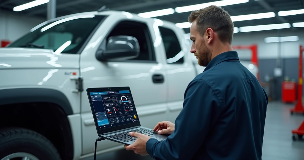 Mecânico fazendo diagnóstico computadorizado em pickup usando scanner automotivo