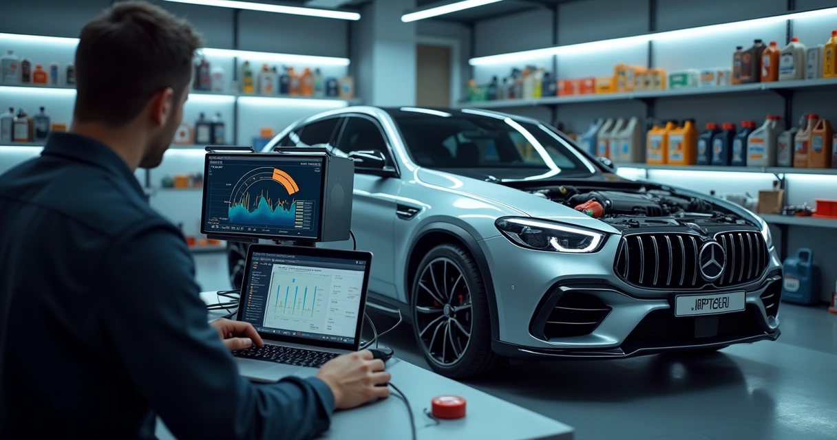 Diagnóstico computadorizado em oficina de carros modernos com scanner automotivo.