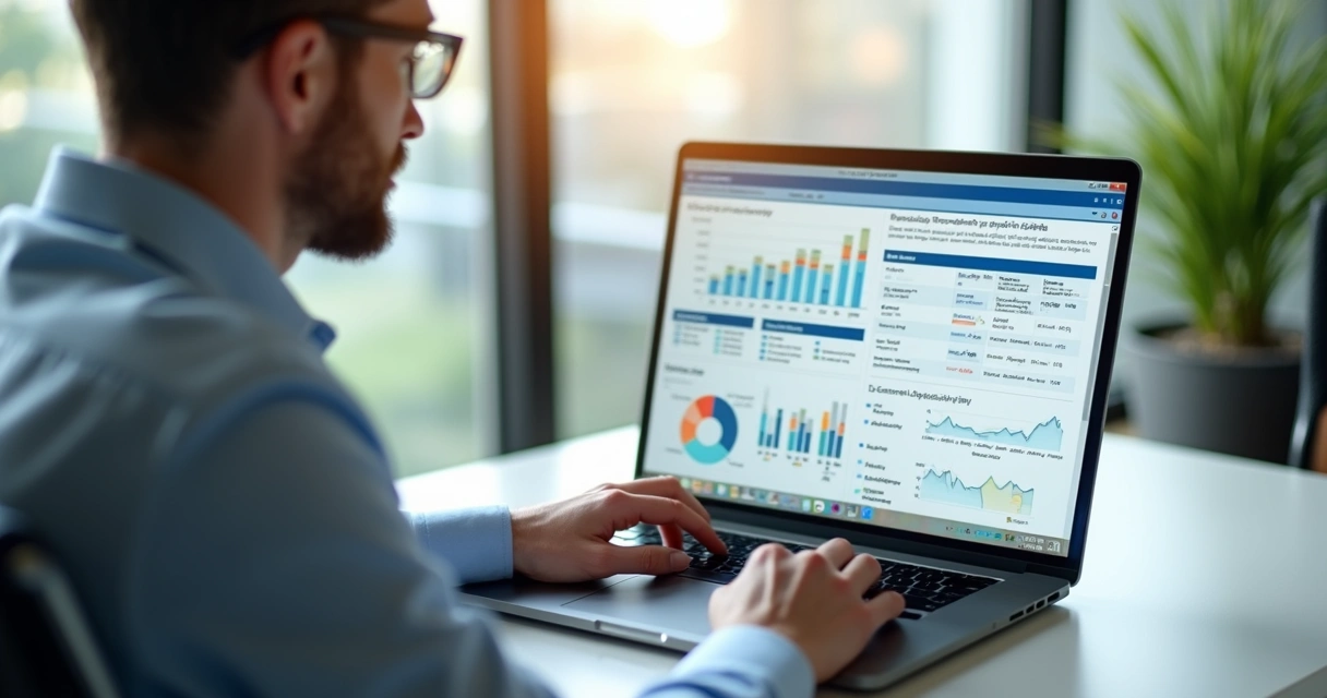 Profissional apresentando diagnóstico de negócio em tela de notebook 