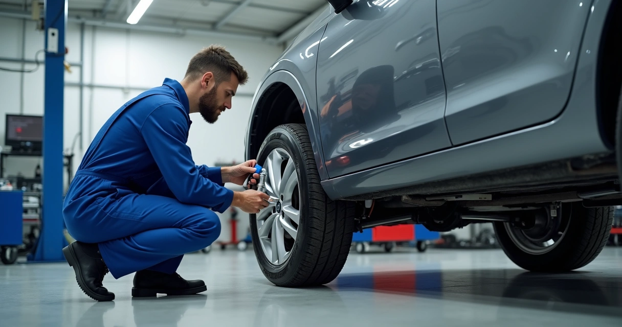 Mecânico examinando a suspensão dianteira de um carro em oficina 