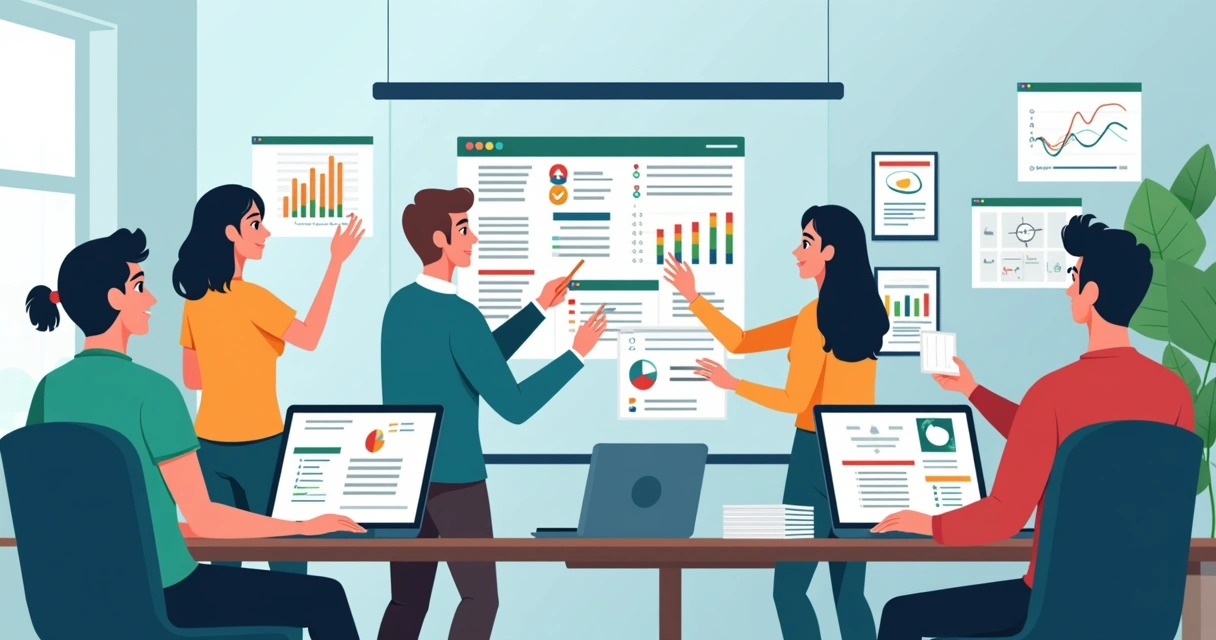 Equipe analisando dados e gráficos em um escritório moderno 