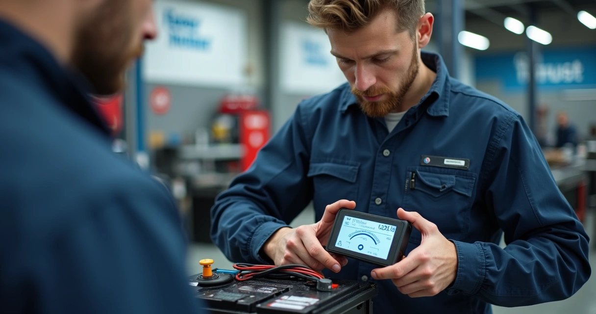 Técnico realizando diagnóstico de bateria em oficina moderna 