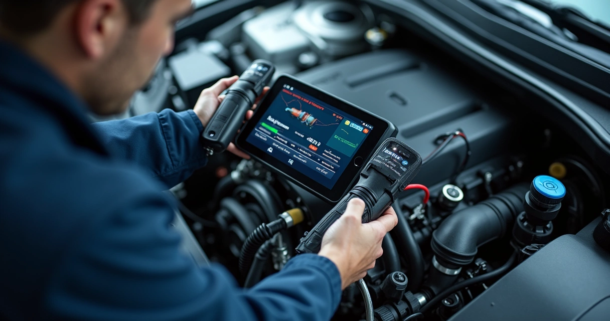 Técnico realizando diagnóstico no bico injetor de um veículo diesel