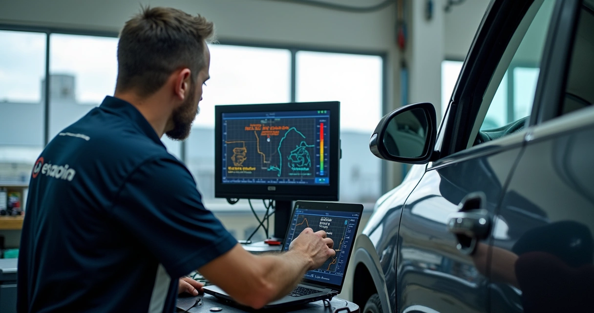 Técnico analisando transmissão automática com equipamentos computadorizados 