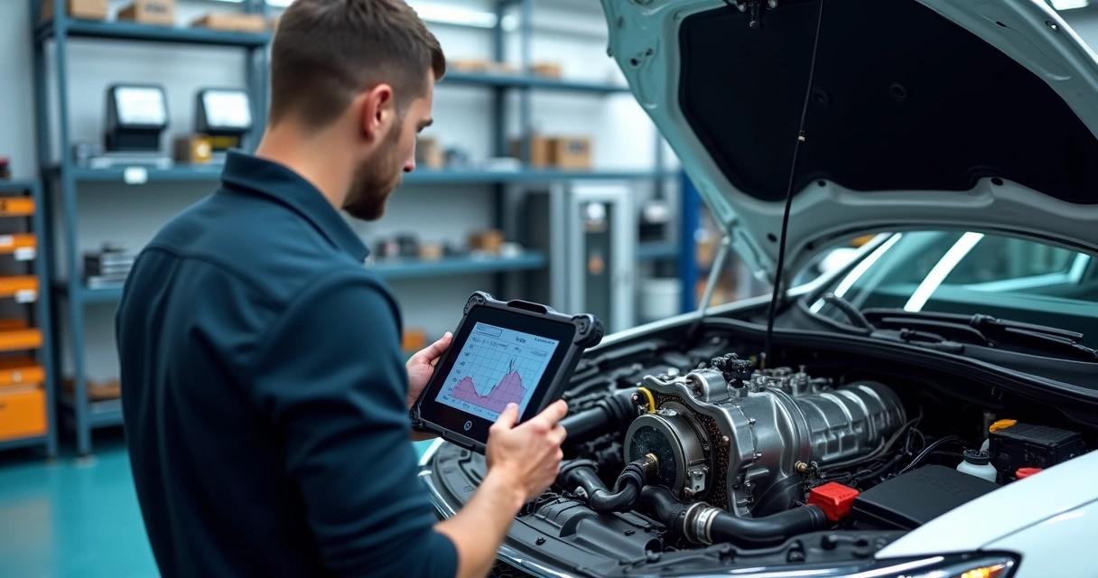 Mecânico operando scanner em câmbio de carro
