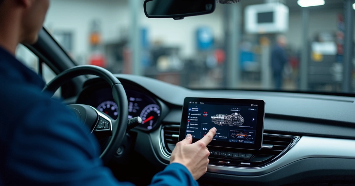 Mecânico com scanner automotivo analisando transmissão de carro em oficina