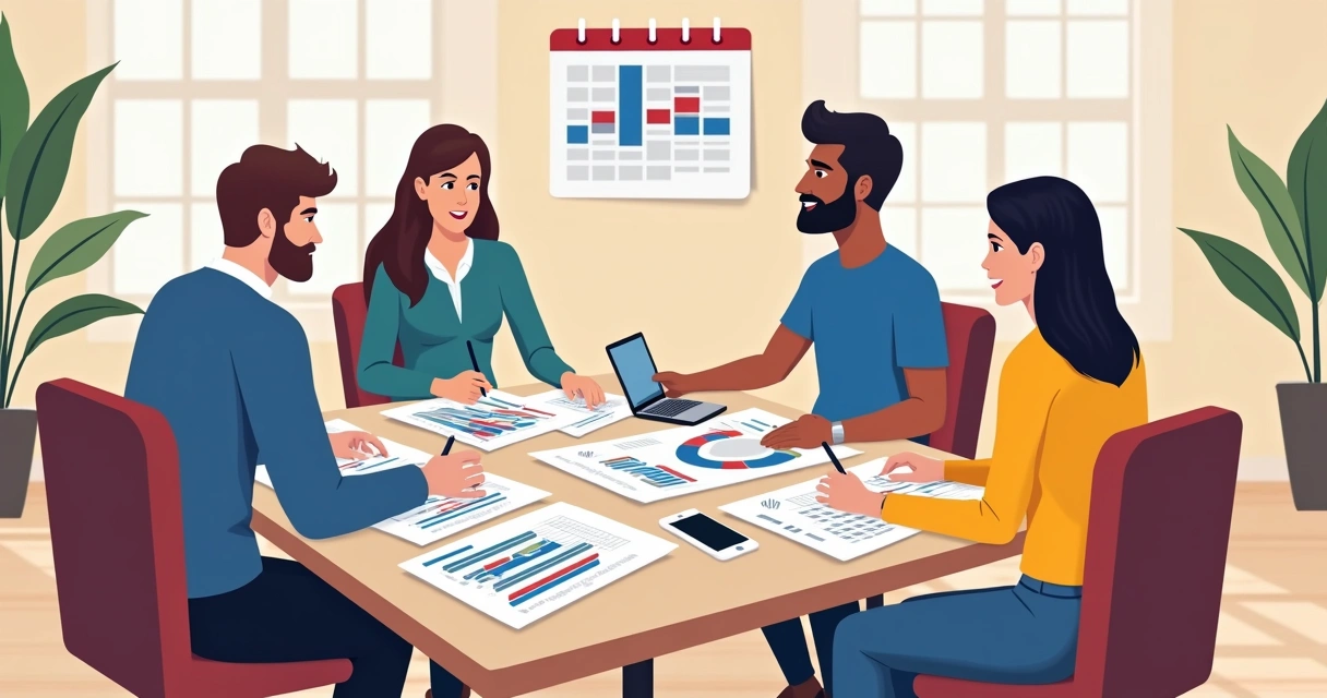 Equipe reunida analisando dados levantados em pesquisas eleitorais