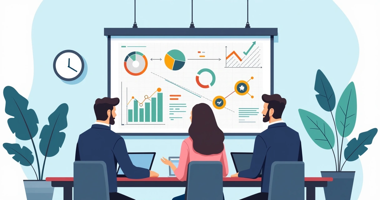 Gestores de vendas analisando gráficos de desempenho e fluxos entre parceiros em uma sala de reunião 