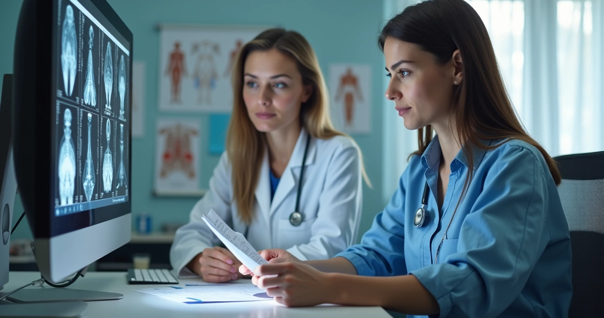 Médico analisando exames ao lado de paciente em consultório 