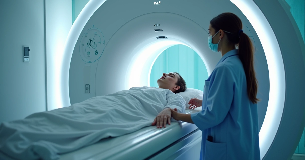 Paciente deitada enquanto realiza exame PET-CT em aparelho branco 