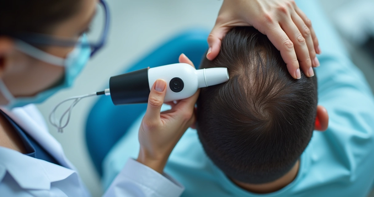 Dermatologista analisando couro cabeludo com dermatoscópio 