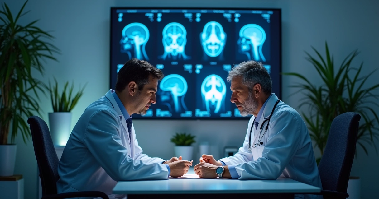 Consultório médico com médico e paciente avaliando exames de imagem da cabeça