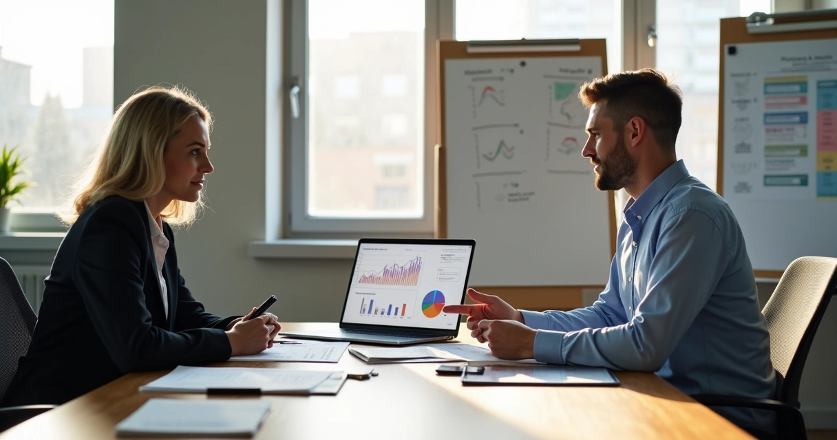 Consultor financeiro conversando com empresária em escritório moderno 