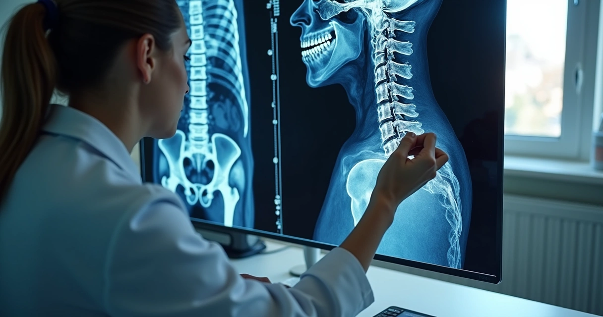 Imagem mostra ressonância magnética examinando coluna vertebral com marcações
