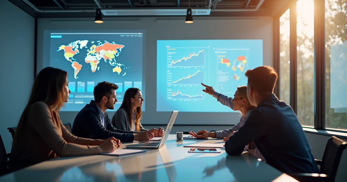 Equipe reunida ao redor de uma mesa analisando gráficos e planilhas de vendas 
