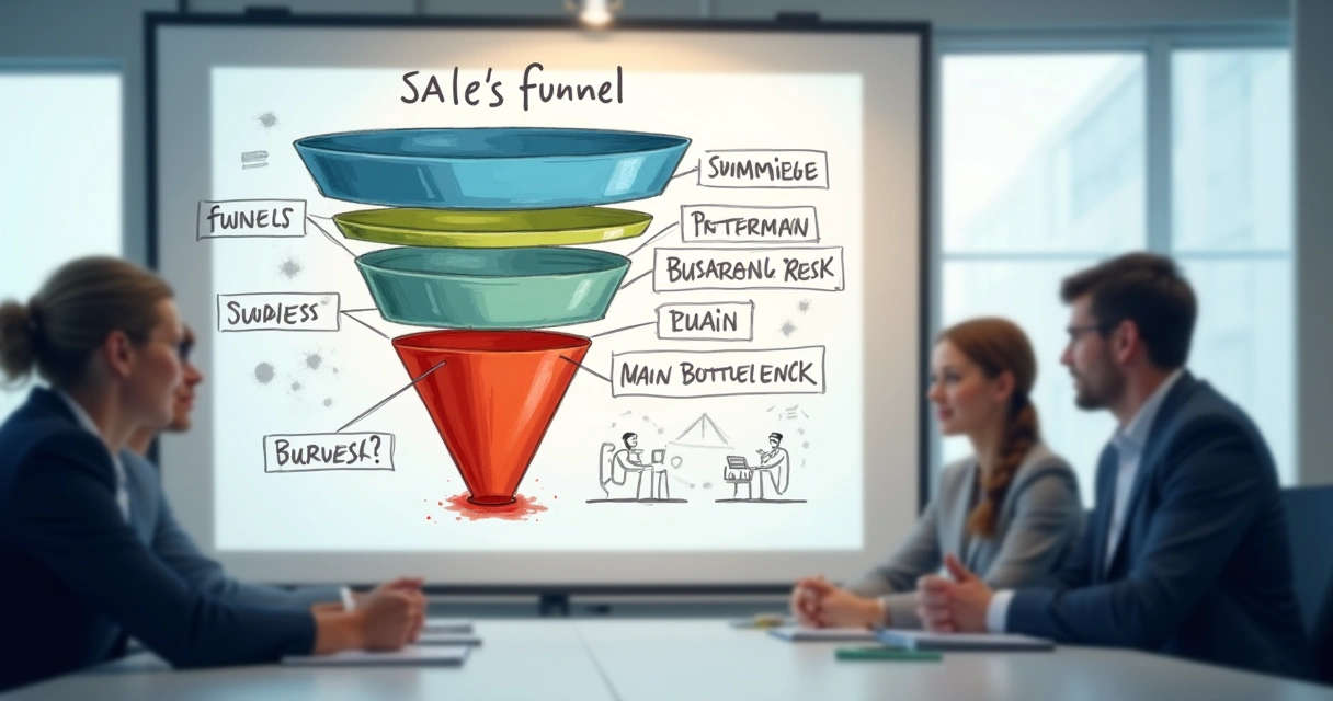 Gráfico simples mostrando etapas do funil de vendas, com vazamento visual nas etapas e setas indicando onde estão os gargalos 