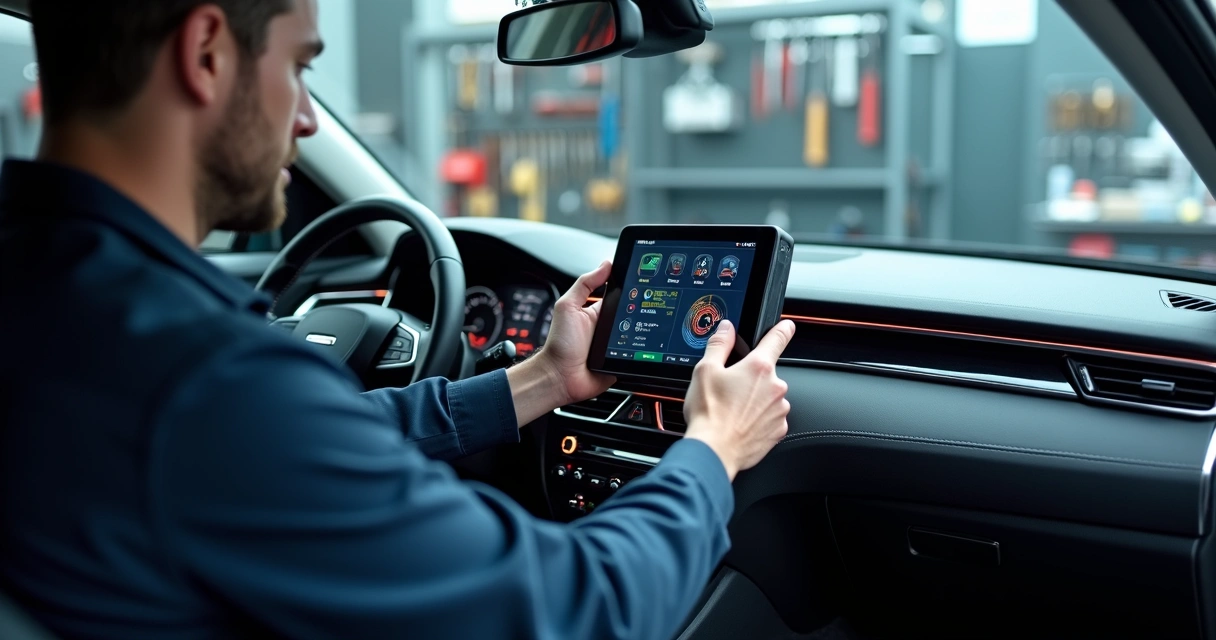 Mecânico utilizando scanner automotivo no interior de um veículo moderno