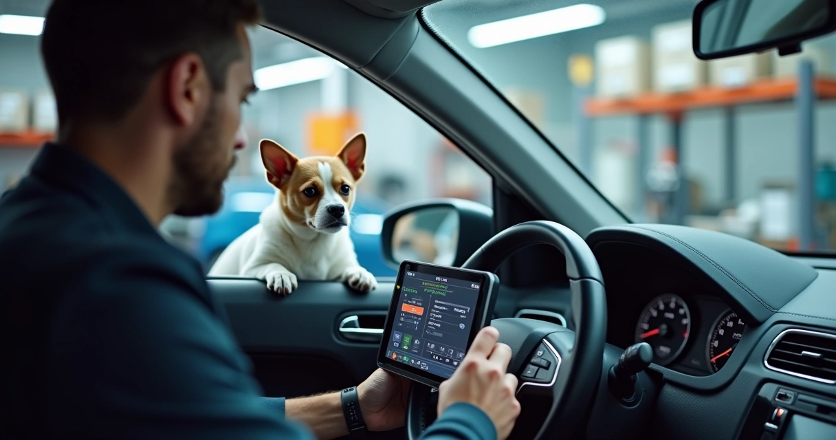 Técnico realiza diagnóstico computadorizado em carro com pet olhando pelo vidro