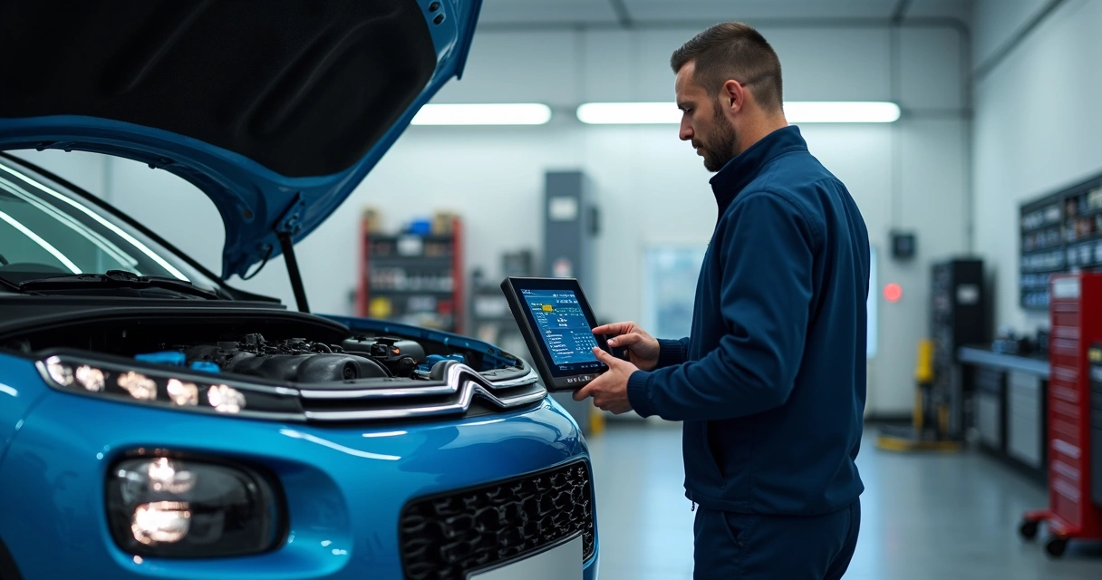 Equipamento de diagnóstico conectado a Citroën em oficina moderna