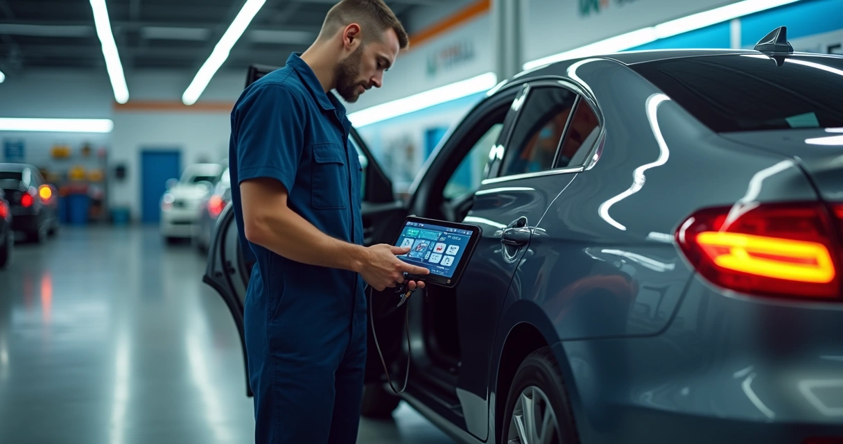 Mecânico usando scanner automotivo conectado ao carro em oficina moderna 