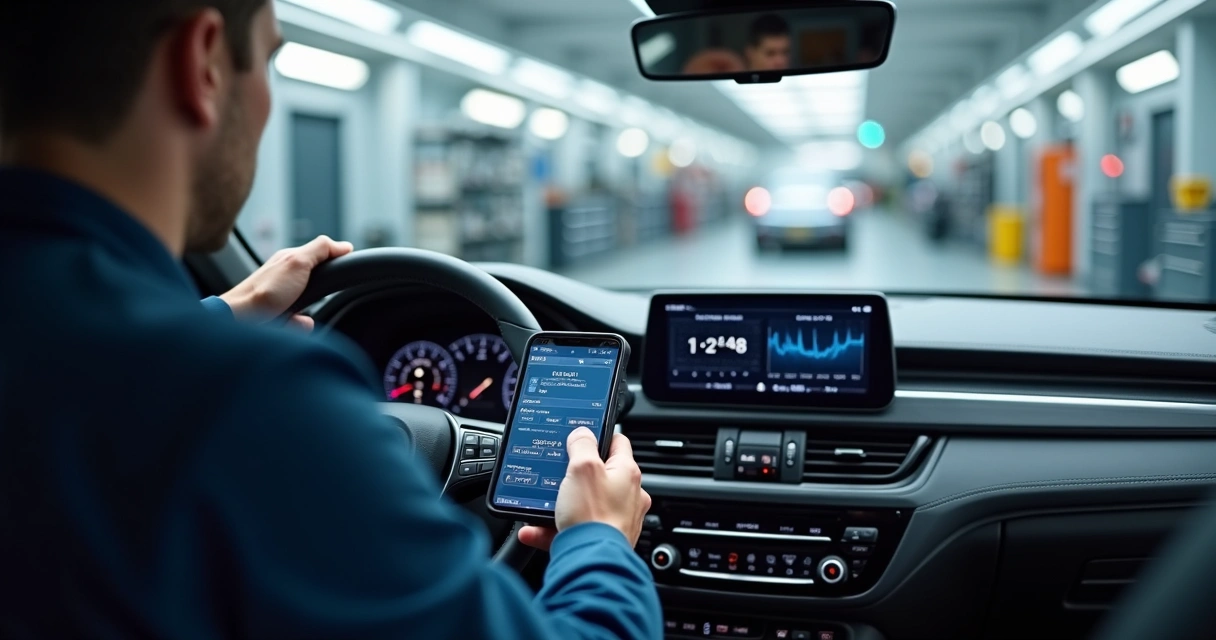 Técnico usando scanner automotivo no painel de um carro em uma oficina moderna