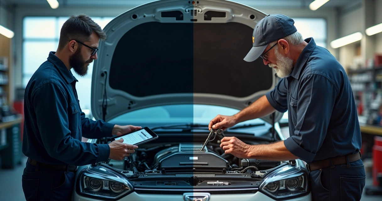 Comparativo visual entre scanner automotivo e inspeção manual, oficina automotiva moderna