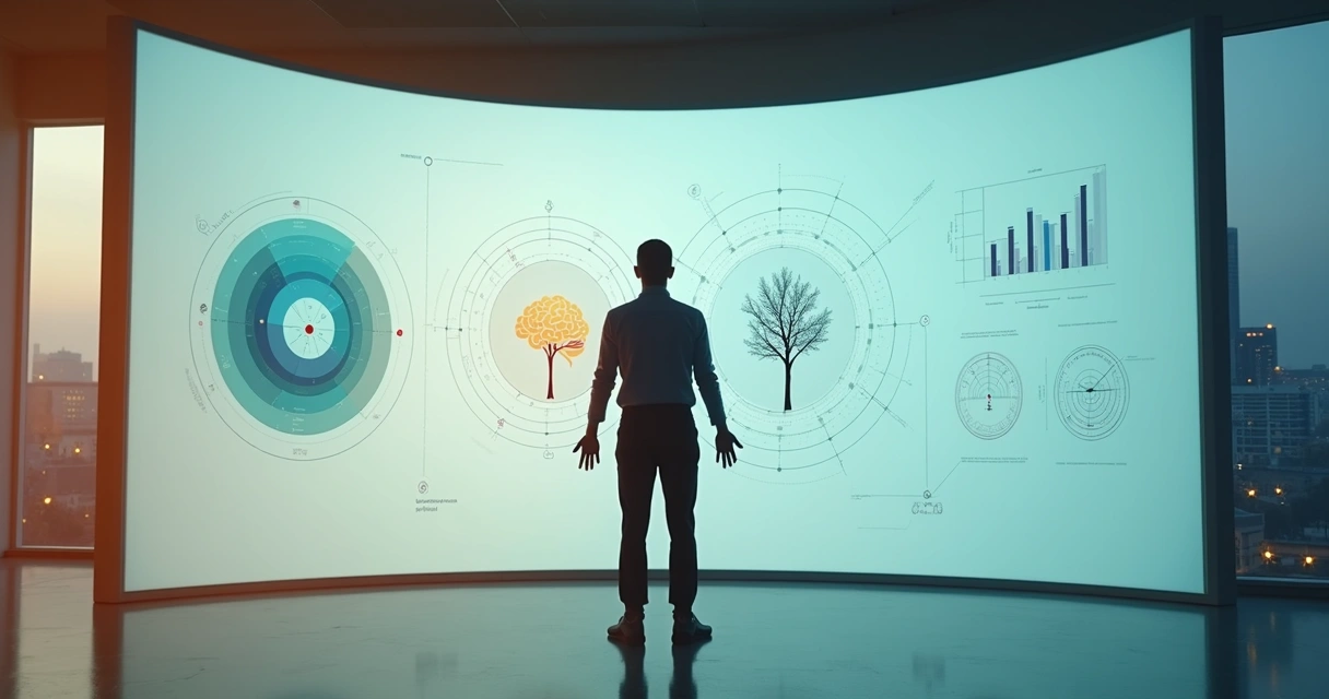 Pessoa refletindo diante de painel digital com camadas de consciência e escolhas de vida 