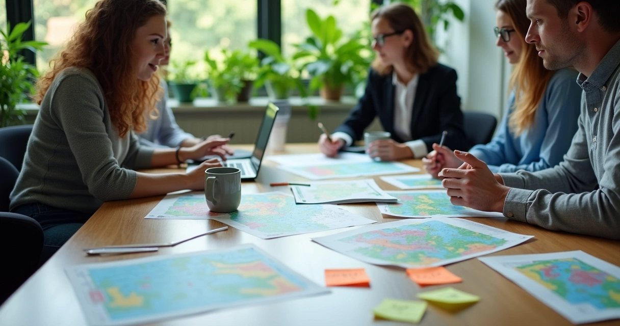 Mesa de consultores analisando relatórios ambientais e mapas com gráficos e plantas 