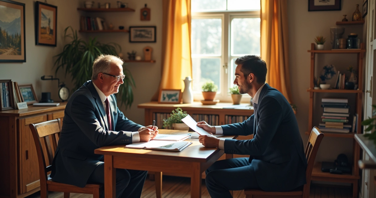 Consultor apresentando diagnóstico a empresário em escritório regional 